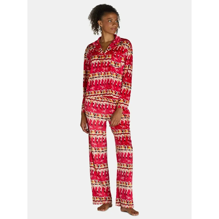 Holiday Time Women’s and Women’s Plus Velour Notch Collar Pajama Top and Pants Set, 2-Piece, ... | Walmart (US)