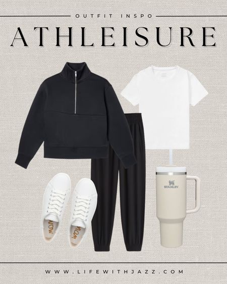Comfy athleisure outfit 🖤 

Half zip up sweatshirt  / white T-shirt / joggers / sweatpants / white sneakers / Stanley mug / running errands

#LTKstyletip #LTKfitness
