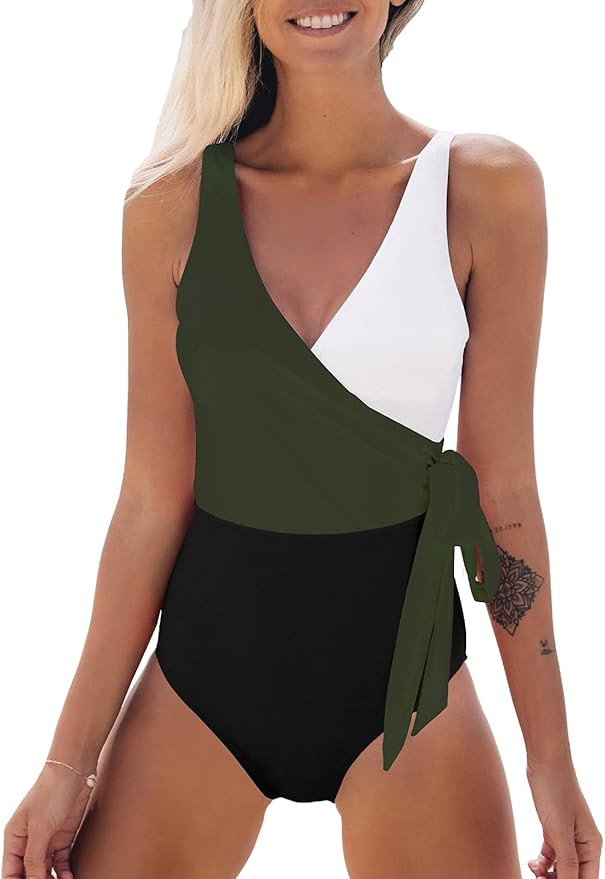 CUPSHE Women's One Piece Swimsuit Wrap Color Block Tie Side Bathing Suit | Amazon (US)