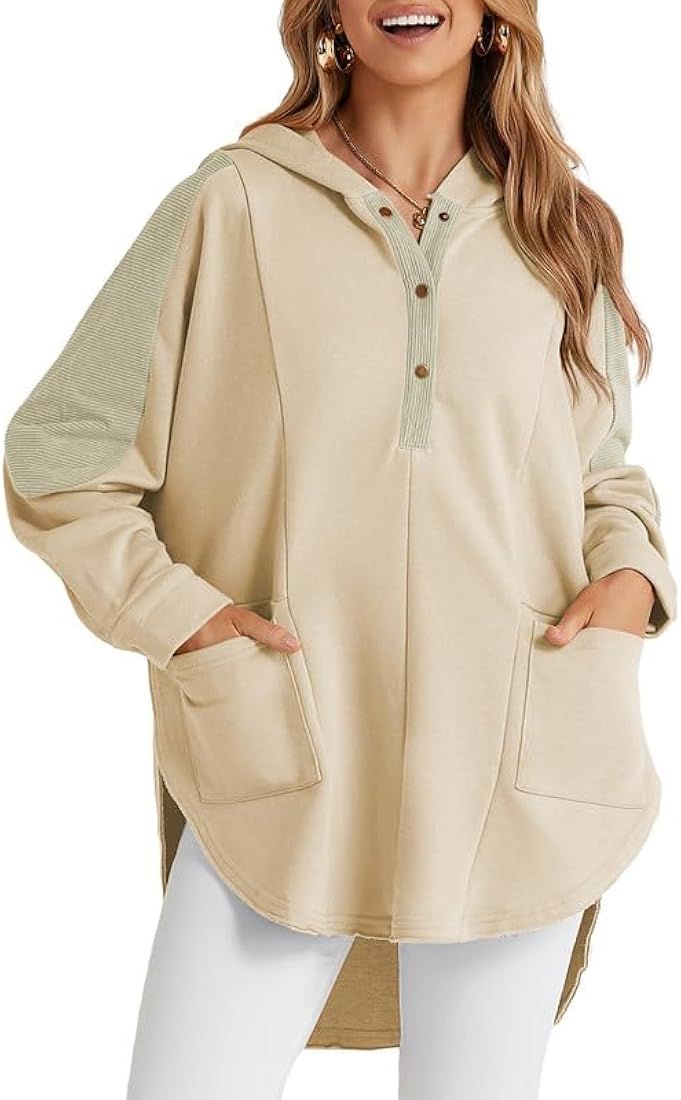 Womens Oversized Hoodie Casual Long Sleeve Button V Neck Hooded Sweatshirt Loose Pullover Tops | Amazon (US)