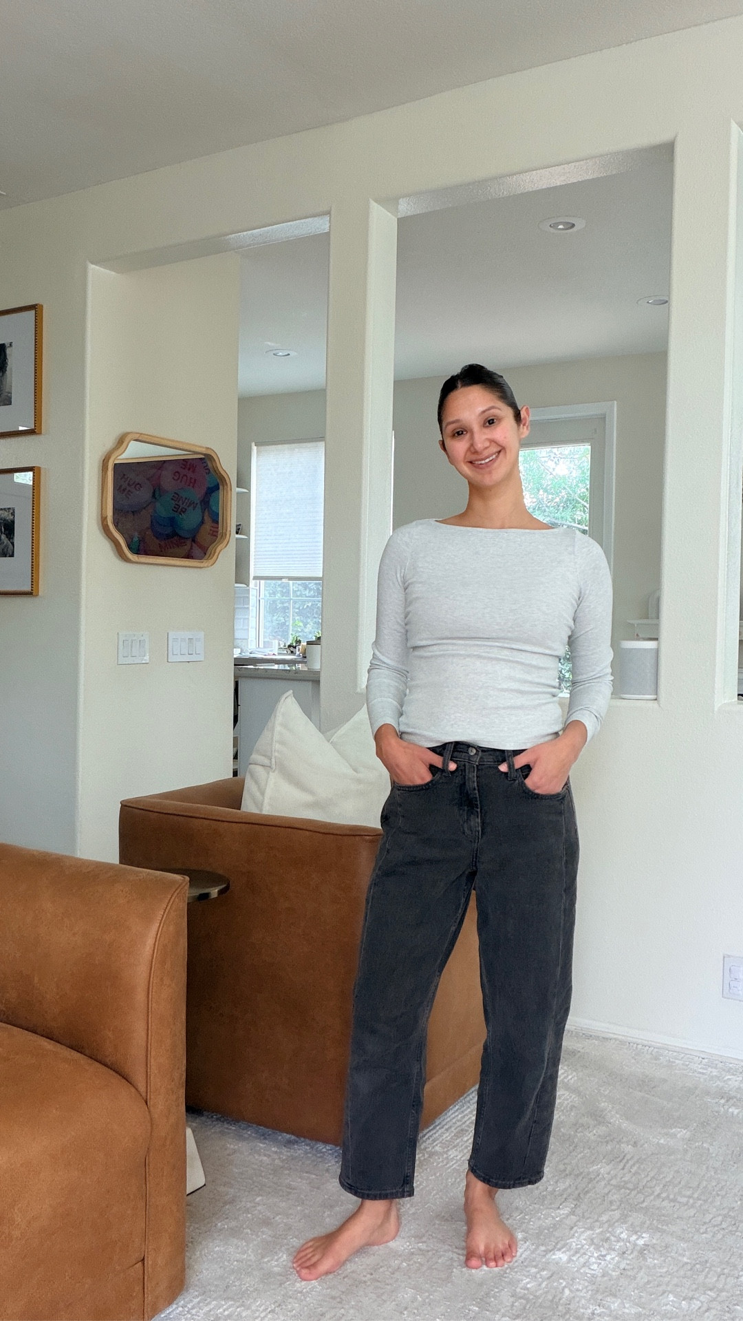 Petite barrel leg jeans and black neck top | I’m 5’3” and wearing the size 0 petite in the jeans and XS in the top 

#LTKootd #LTKgrwm #LTKmomlife