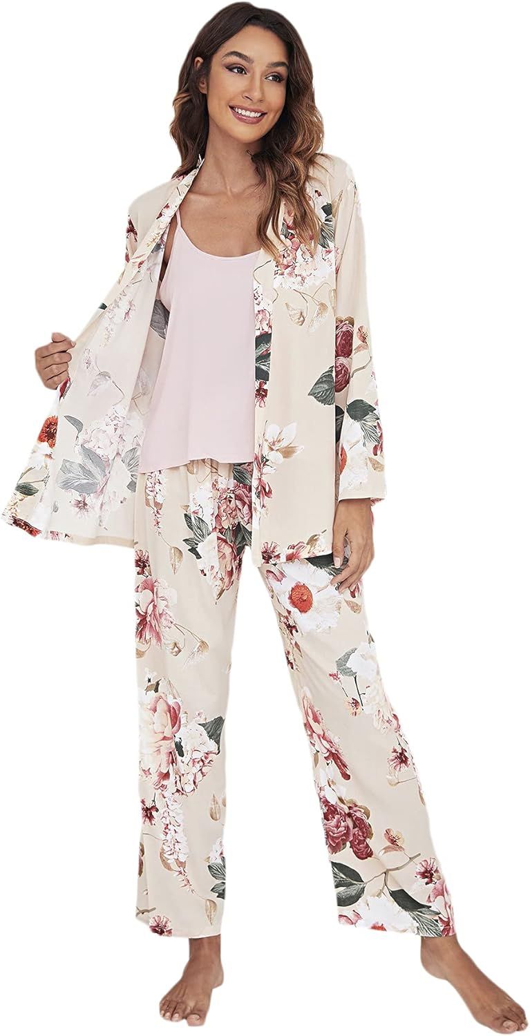 WDIRARA Women's 3 pcs Sleepwear Leaf Print Cami and Pants Pajama Set with Robe | Amazon (US)