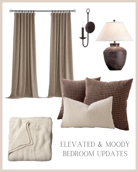 Elevated earthy organic moody bedroom updates pleated curtains pillows textures lamps candle wall sconces warm neutral brown beige modern vintage 

#LTKhome