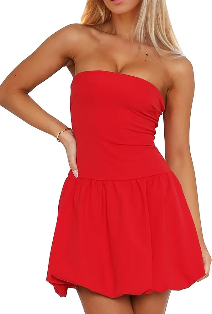 Meladyan Women’s Strapless Tube Bubble Dress Cute Summer Mini Short Dresses Bandeau Corset Part... | Amazon (US)