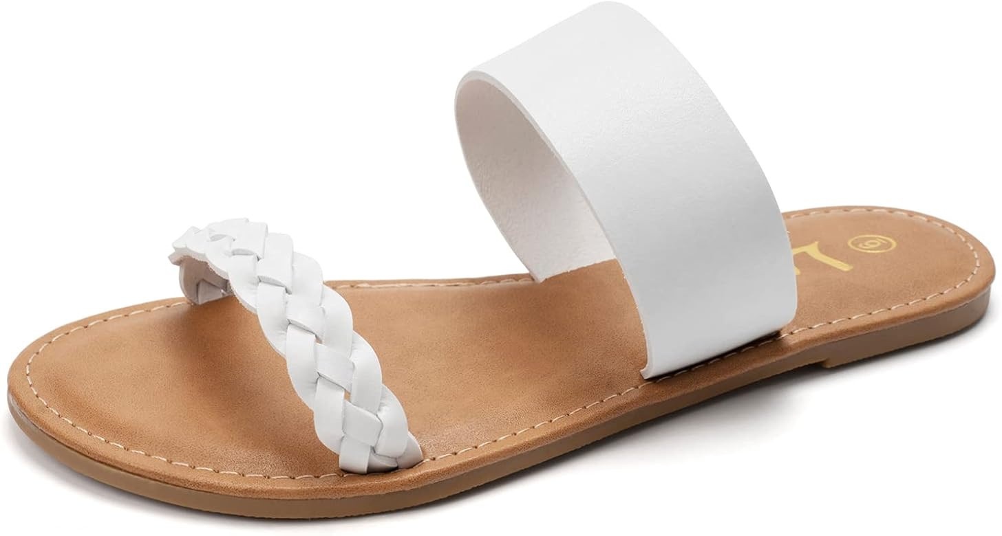 LM Women's Braided Slide Sandals Open Toe Two Strap Slip On Flat Sandals Casual Summer Shoes | Amazon (US)