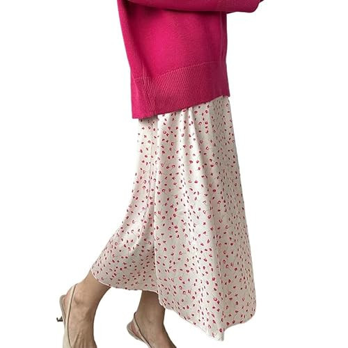 Women's Satin Long Skirt Dressy Coquette Floral A Line Midi Skirt Summer High Waisted Silk Cute Flowy Aesthetic Dress (Pink,Small) | Amazon (US)