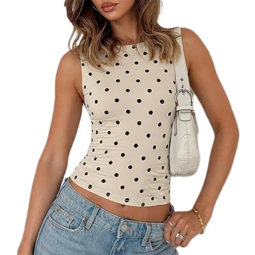 Women Y2K Tops Polka Dot Shirt Sleeveless Vintage Camisole Crew Neck Crop Tops Slim Fit Cami Goin... | Amazon (US)