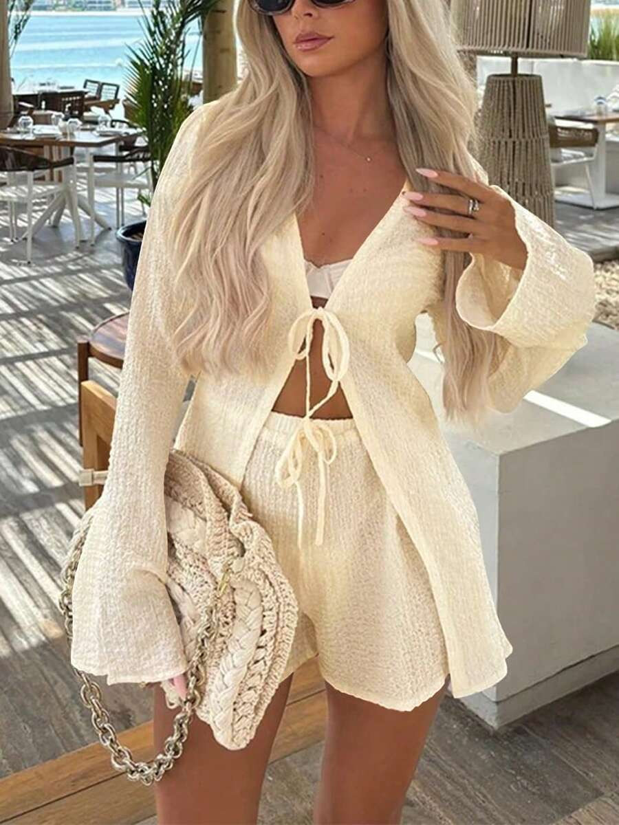 Women Solid Color Front Tie Long Sleeve Top And Shorts Resort Set | SHEIN