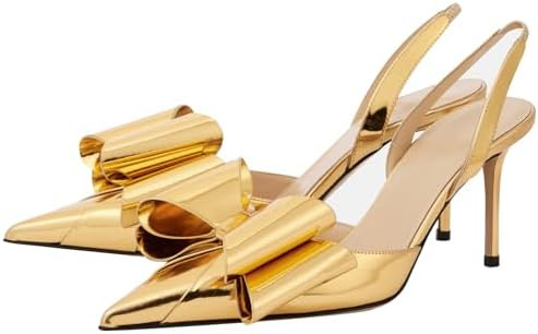 YIYA Women's Metallic Bow Kitten Heels Closed Pointed Toe Slingback Pumps Stiletto High Heels Sli... | Amazon (US)