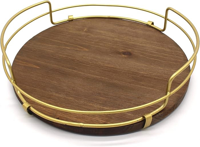 CVHOMEDECO. Decorative Tray with Golden Handle Round Wood Serving Tray with Metal Handles for Bre... | Amazon (US)