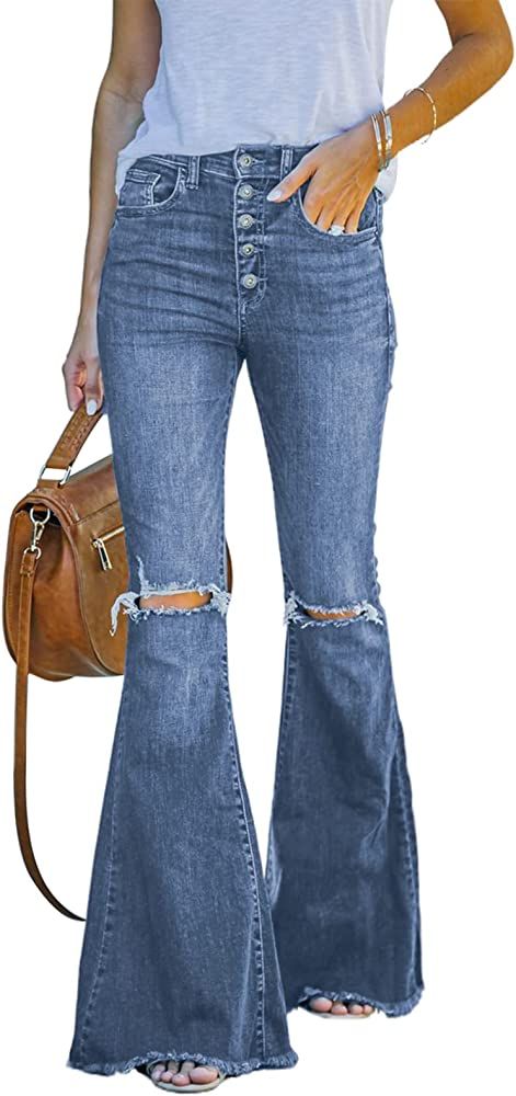 Sidefeel Womens Distressed Button Fly Jeans Raw Hem Bell Bottom Denim Pants | Amazon (US)
