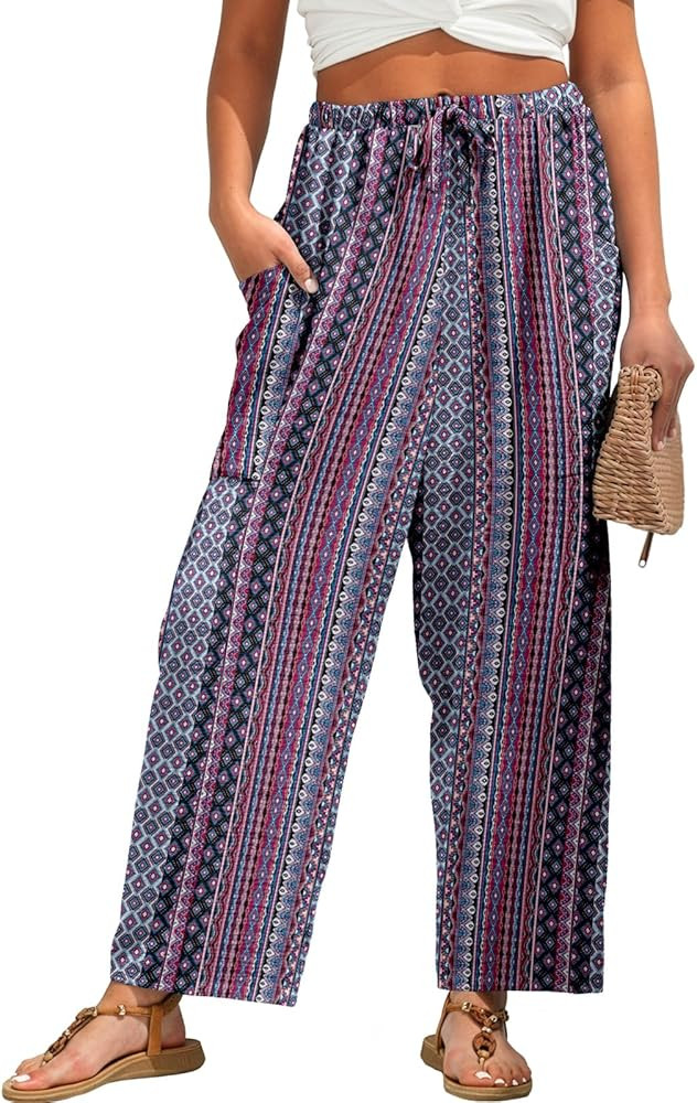 FREEOAK Womens Wide Leg Pants Casual Loose Palazzo Pants Summer Beach Travel Vacation Harem Pants... | Amazon (US)