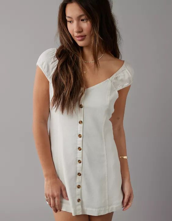 AE Puff Sleeve Button-Up Mini Dress | American Eagle Outfitters (US & CA)