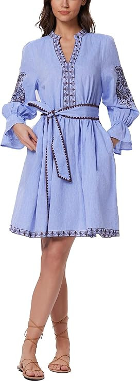 D-Sun Women Embroidered Mini Dress Casual 3/4 Puff Sleeves V Neck Floral Embroidery Short Belted ... | Amazon (US)
