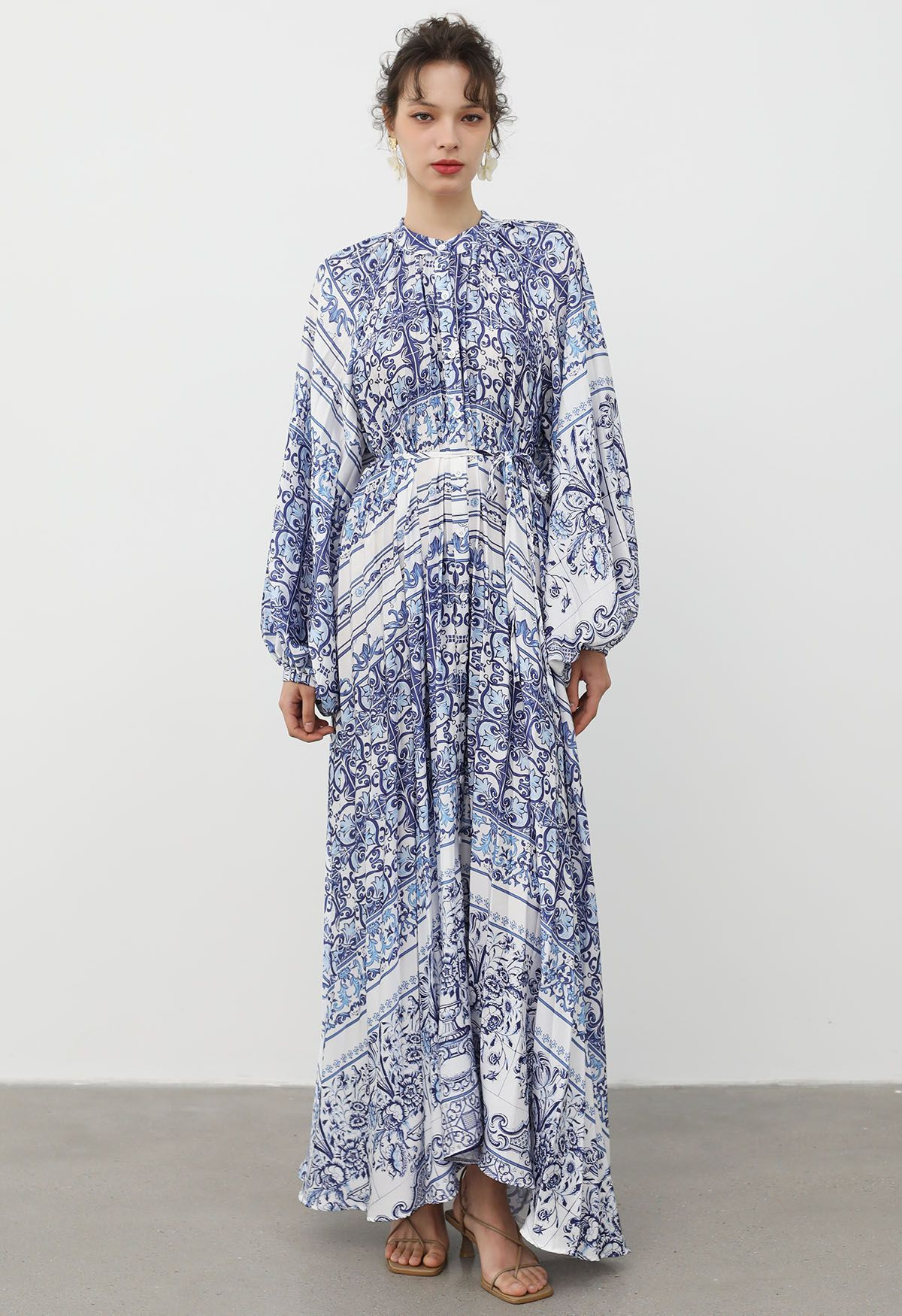Blue Tile Printed Full Pleats Button Down Asymmetric Maxi Dress | Chicwish