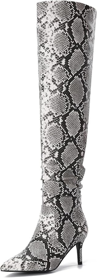 Womens Thigh High Boots Stiletto Heel Side Zipper Slouchy Leg Snake Skin Dress Shoes Casual and C... | Amazon (US)