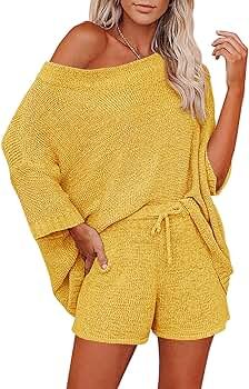 Ermonn Womens 2 Piece Outfits Sweater Sets Off Shoulder Knit Tops Waist Short Suits Casual Pajama... | Amazon (US)