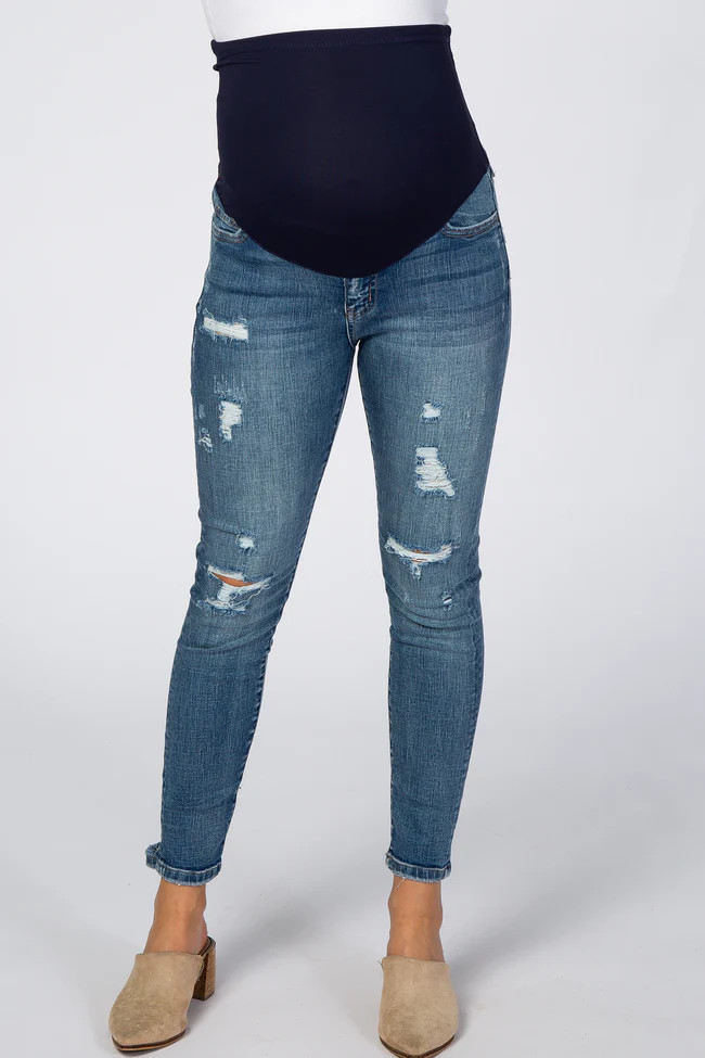 Blue Distressed Maternity Skinny Jeans | PinkBlush Maternity