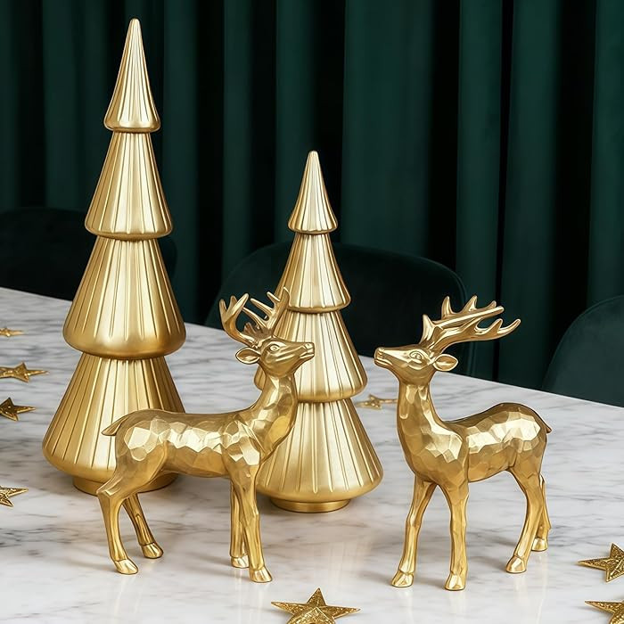 Set of 4 Christmas Table Decorations, 2 Xmas Trees & 2 Reindeer, Vintage Resin Golden Christmas F... | Amazon (US)