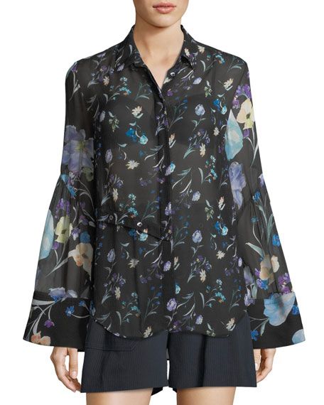 Bell-Sleeve Button-Down Floral-Print Silk Chiffon Blouse | Neiman Marcus