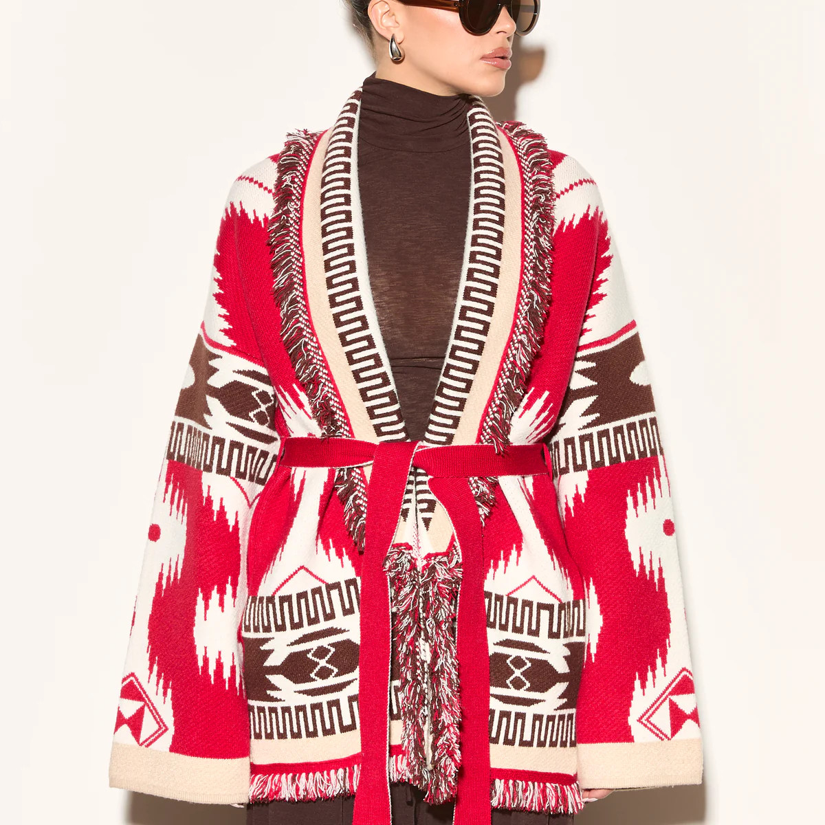 ARIA Red Aztec Long Cardigan | Noughts and Kisses