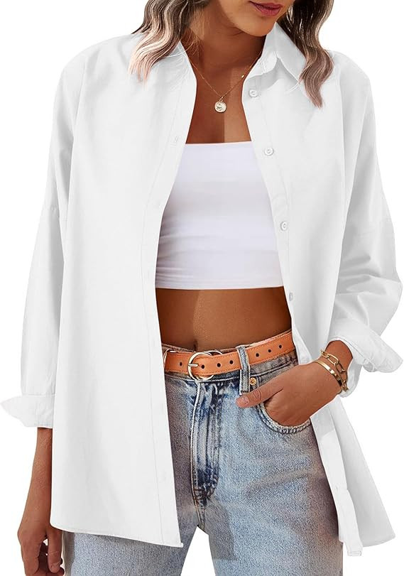 Zeagoo Womens Button Down Shirt Long Sleeve Blouses Solid Work Casual Business Tops Loose Fit Fal... | Amazon (US)