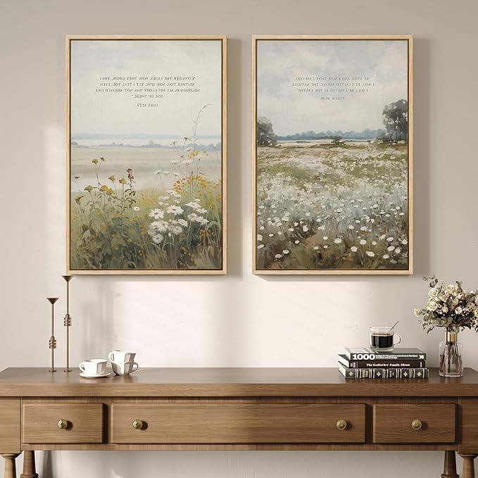 Framed Vintage Christian Wall Art, Set of 2 Retro Farmhouse Floral Landscape Bible Verses Prints,... | Amazon (US)