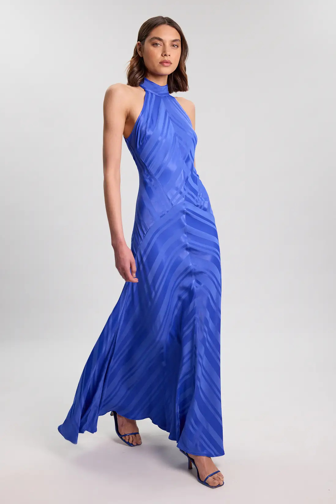 Stripe Fabric Detail Fluid Halter Maxi Dress | Karen Millen
