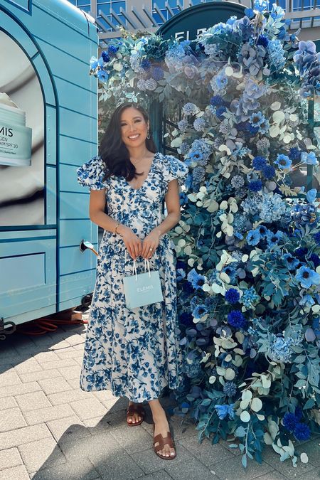 Summer dress perfect for events, baby showers or bridal showers. Love this blue floral and I’m wearing size small. Has pockets and fully lined. Pairing with blue Kendra Scott earrings and linking my favorite Elemis products from the pop-up! 

#LTKstyletip #LTKbeauty #LTKshoecrush