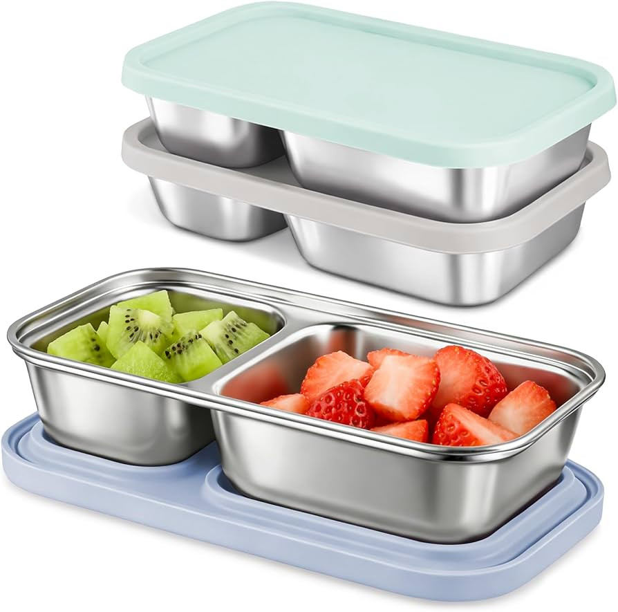 3 Pack Stainless Steel Snack Containers with Silicone Lids, 2-Compartment Snack Containers for Lu... | Amazon (US)