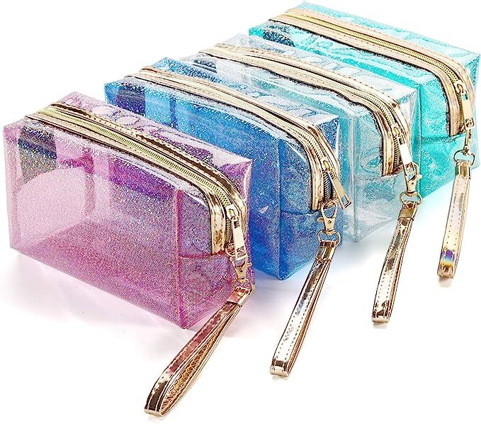 4Pcs Waterproof Cosmetic Bags PVC Transparent Zippered Toiletry Bag with Handle Strap Portable Cl... | Amazon (US)