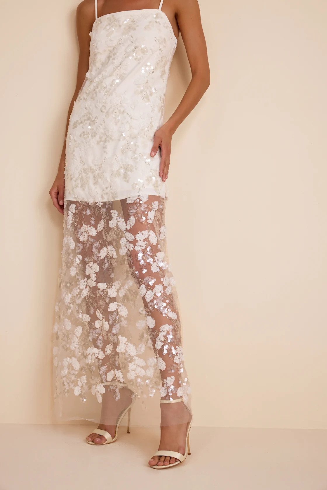 Cassie White Sequin Embroidered Sheer Hem Maxi Dress | Lulus