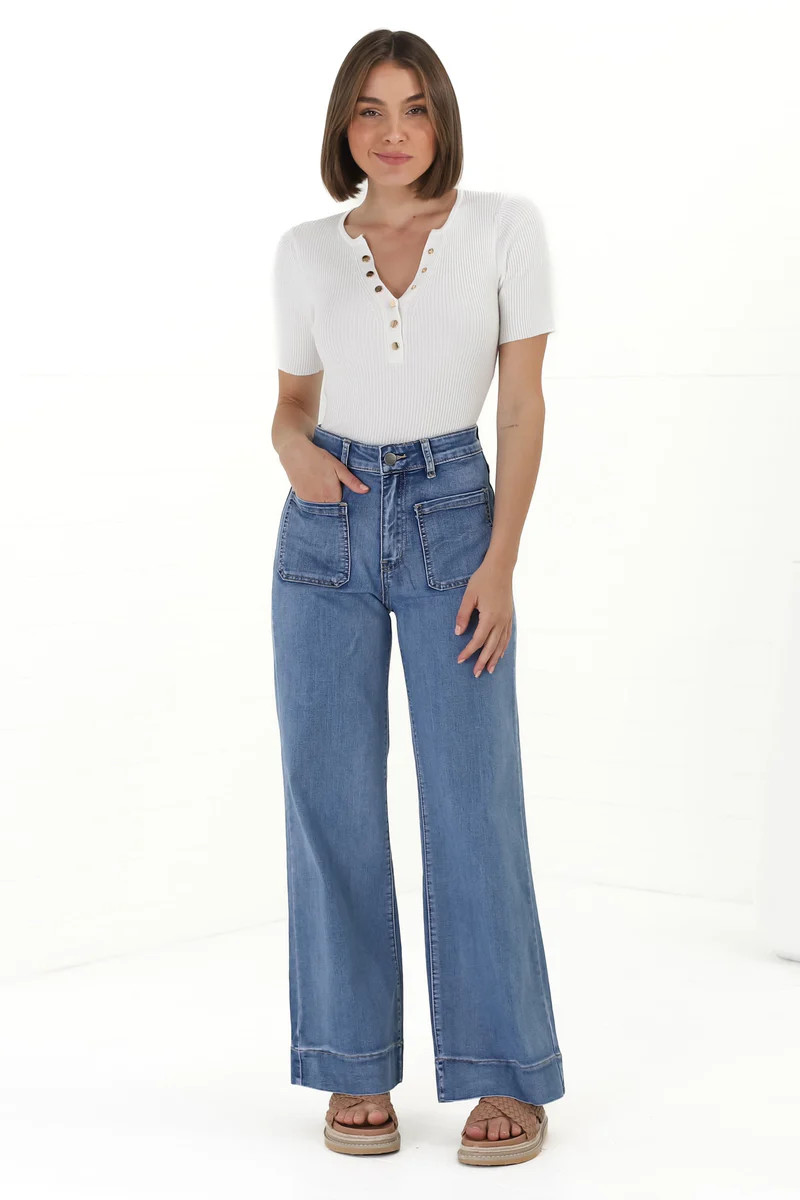 Shop Denim: Cindy Wide Leg Jean in Mid Denim Wash | saltycrush.com | Salty Crush