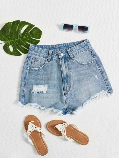 Ripped Raw Hem Denim Shorts | SHEIN