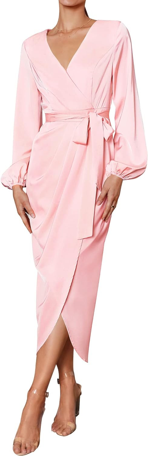 ZESICA Women's Satin V Neck Bodycon Dress Long Sleeve Ruched Tie Waist Wrap Split Cocktail Party ... | Amazon (US)