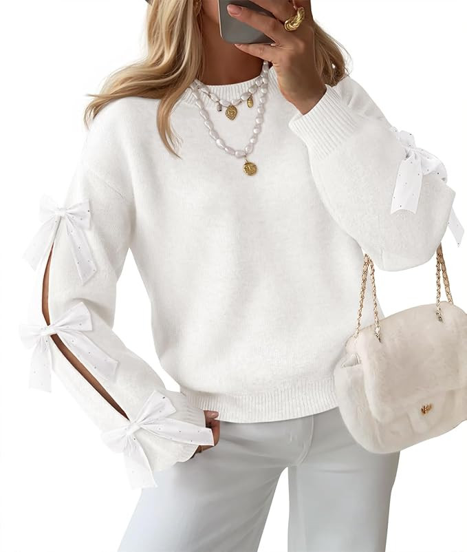 ZESICA Women's Oversized Bow Sweaters Fall 2026 Cute Crewneck Long Sleeve Knit Pullover Sweater J... | Amazon (US)