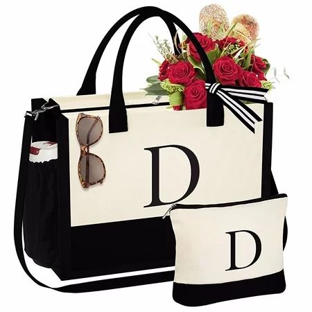 IEFSHINY Initial Canvas Tote Bag for Women Girls Makeup Bag with Zipper Adjustable Strap Zipper Pers | Walmart (US)