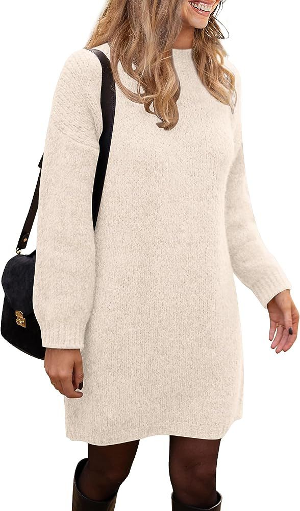 Women's 2023 Fall Knit Pullover Sweaters Long Sleeve Crewneck Oversized Loose Short Sweater Dress | Amazon (US)