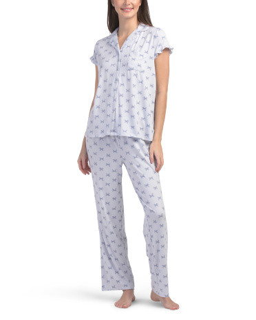2pc Notch Collar Short Sleeve Top And Pants Bow Print Pajama Set | TJ Maxx