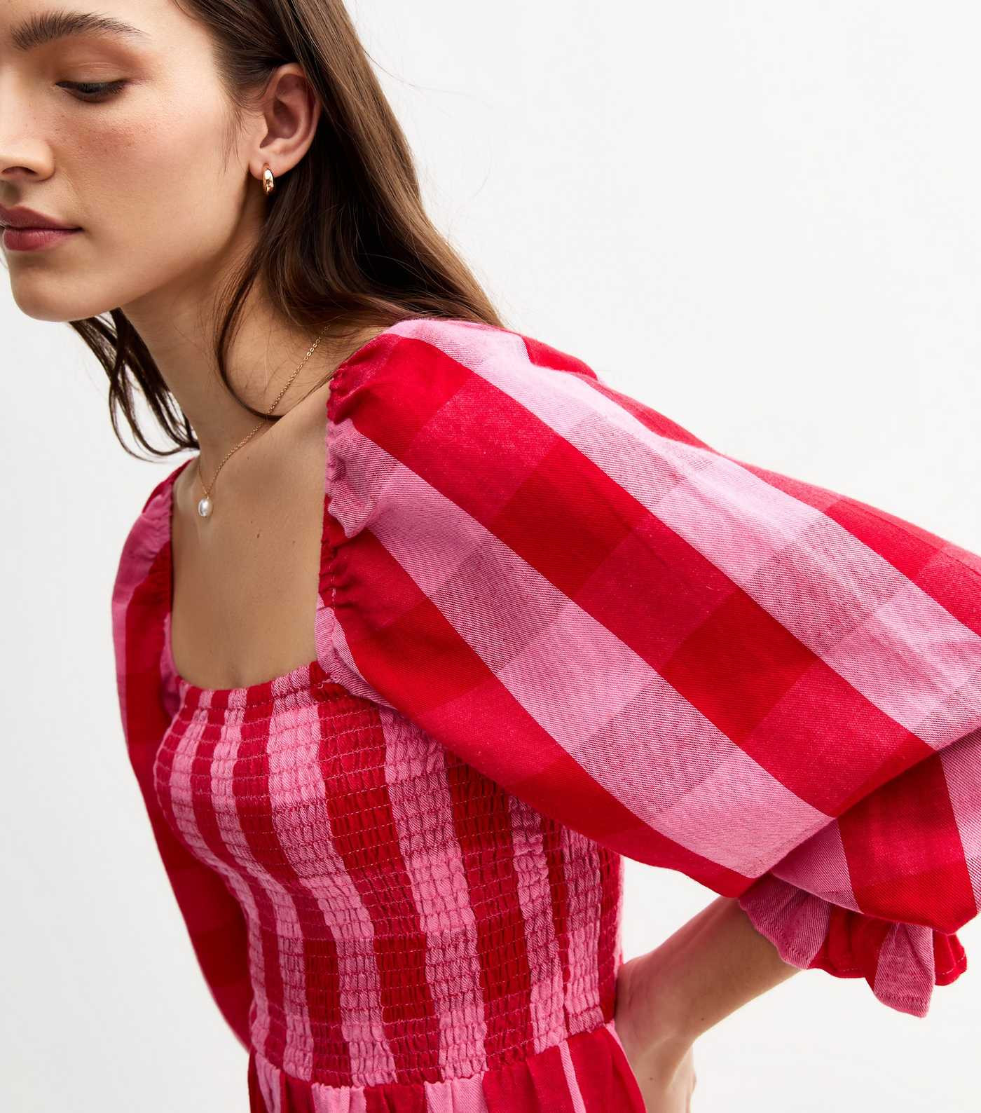 Pink Shirred Check Pattern Midi Dress | New Look | New Look (UK)