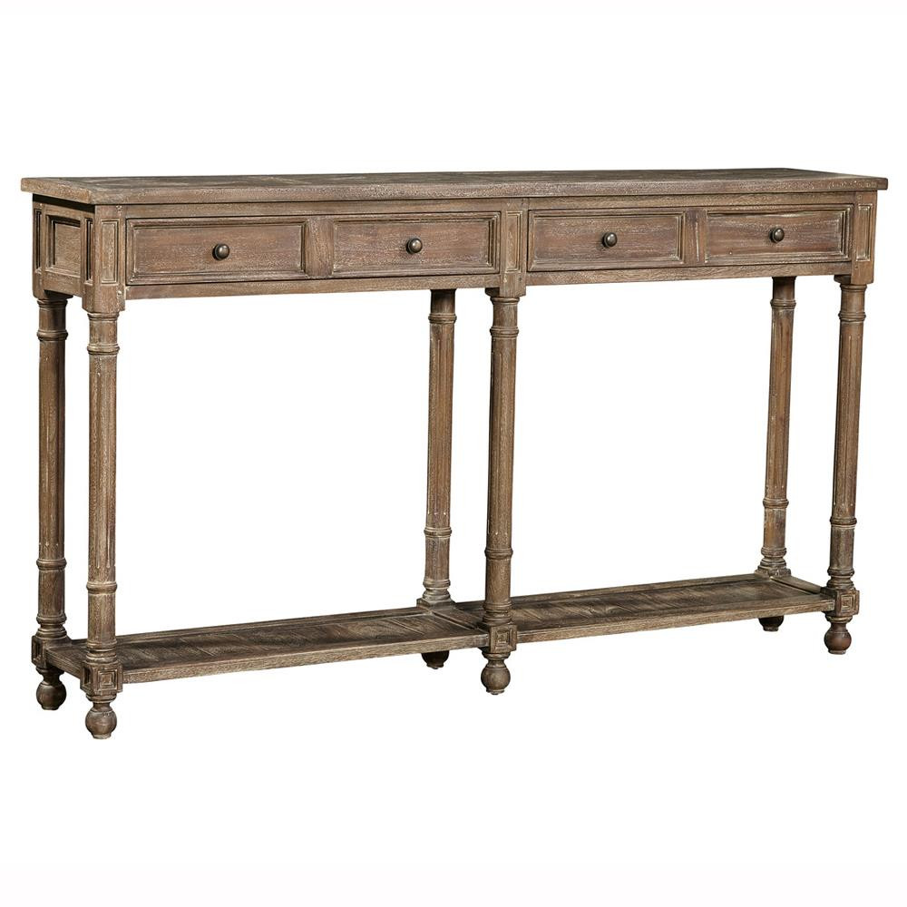 Amirah French Distressed Brown Mahogany Wood 2 Drawer Rectangular Console Table | Kathy Kuo Home