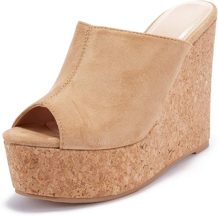 LAICIGO Womens Wedge Platform Slide on Sandals Open Toe Cork Faux Suede Dress Summer Slippers Sho... | Amazon (US)