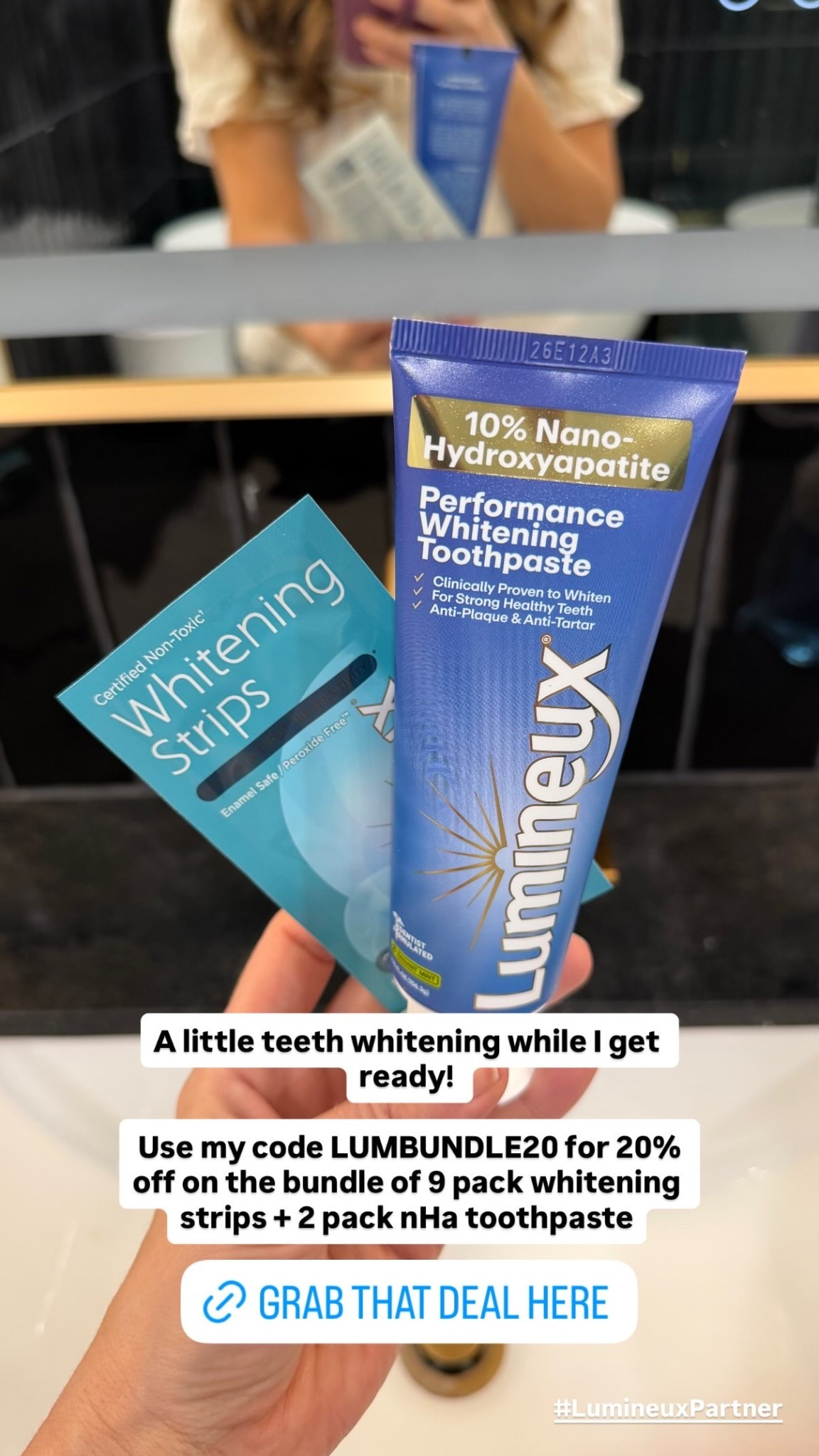A little teeth whitening while I get ready! 

 Use my code LUMBUNDLE20 for 20% off on the bundle of 9 pack whitening strips + 2 pack nHa toothpaste #LumineuxPartner @lumineuxhealth