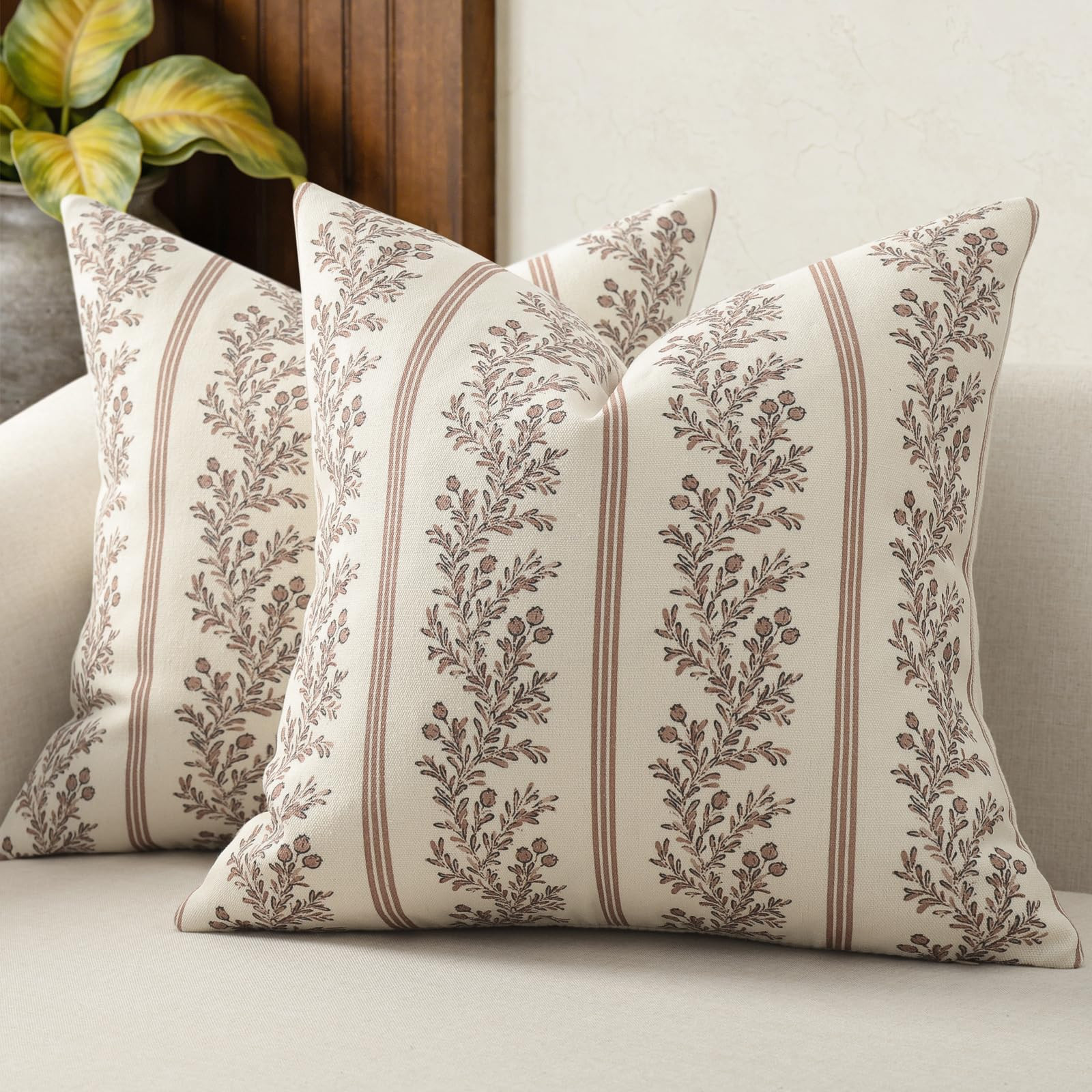 Vintage Throw Pillow Covers 20x20 Set of 2, Striped Floral Pillow Cover Botanical Patterned Decor... | Amazon (US)