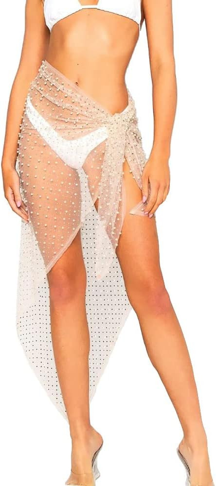 Pearl Swimsuit Cover Up for Women, Rhinestone Beach Sarong Bathing Suit Cover Up, Sheer Mesh Tie ... | Amazon (US)