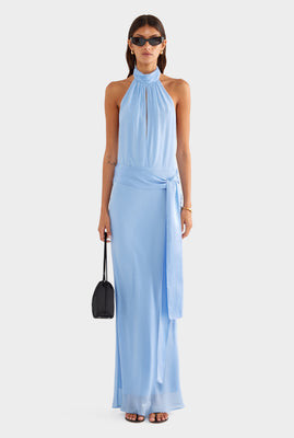 Silk High Neck Sash Dress - French Blue | Venroy AU