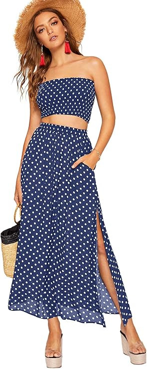 Floerns Women's 2 Piece Outfit Polka Dots Crop Top and Long Skirt Set with Pockets | Amazon (US)