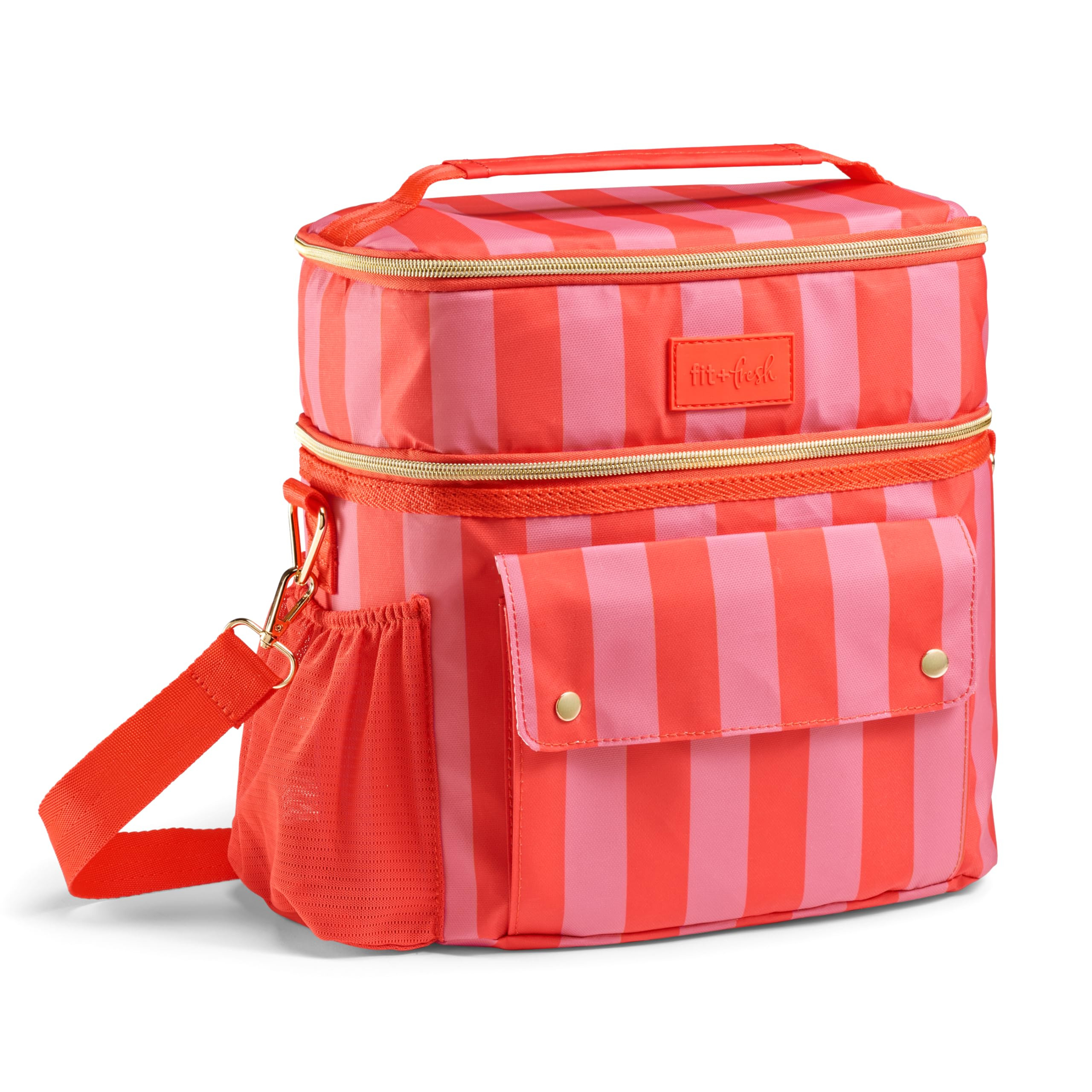 Fit & Fresh Sidekick Insulated Cooler Bag – Dual Compartment Leakproof Soft Sided Lunch Cooler, Small Cooler Bag with Crossbody Strap, 15 Can Capacity for Work, Beach & Travel, Daiquiri Cabana Stripe | Amazon (US)