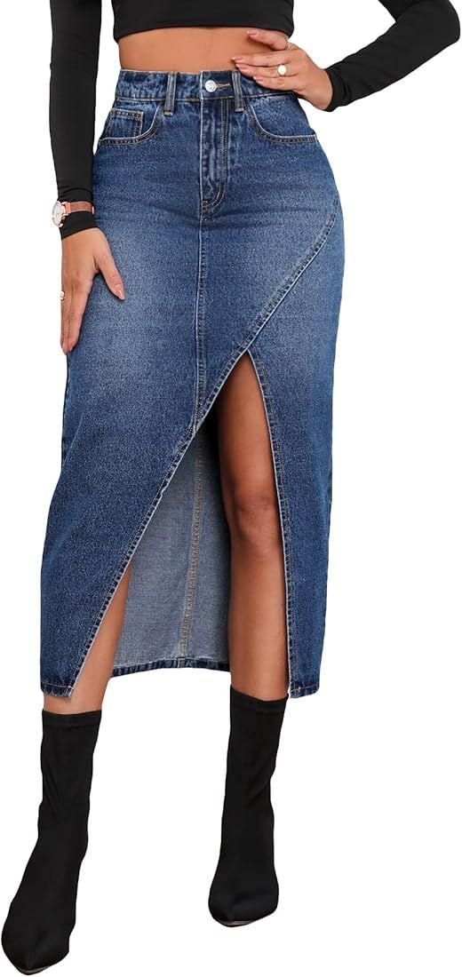 WDIRARA Women's High Waist Button Split Thigh Bodycon Denim Skirt with Pockets | Amazon (US)