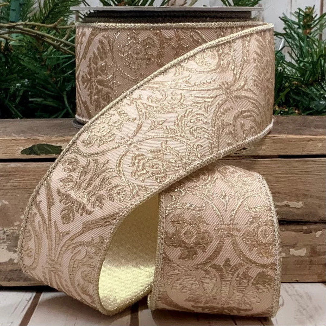 2.5 Pink Jacquard Floral Wired Ribbon Pink & Gold D. - Etsy | Etsy (US)